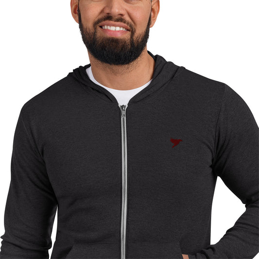 Mens Lightweight zip hoodie - Black with Dark Red kookaburra logo