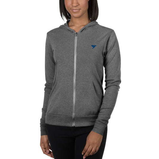 Womens Lightweight zip hoodie - Grey with blue kookaburra logo