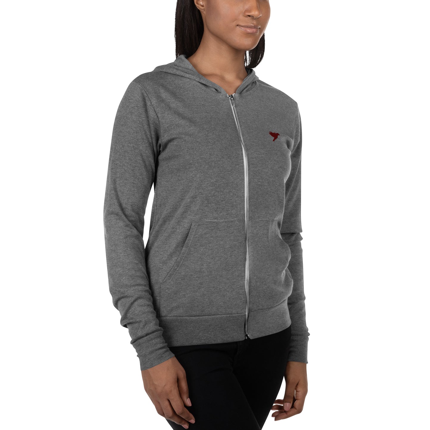 Womens Lightweight zip hoodie - Grey with dark red kookaburra logo