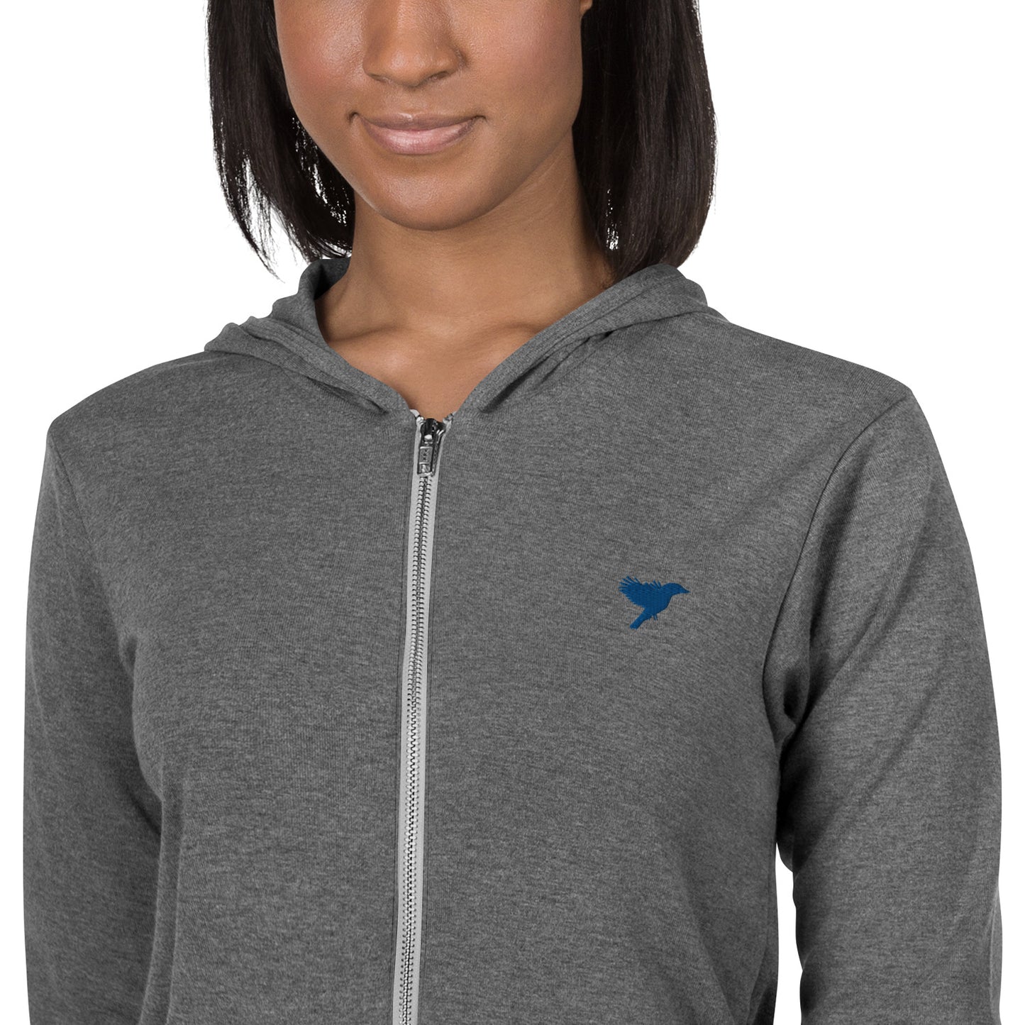 Womens Lightweight zip hoodie - Grey with blue kookaburra logo