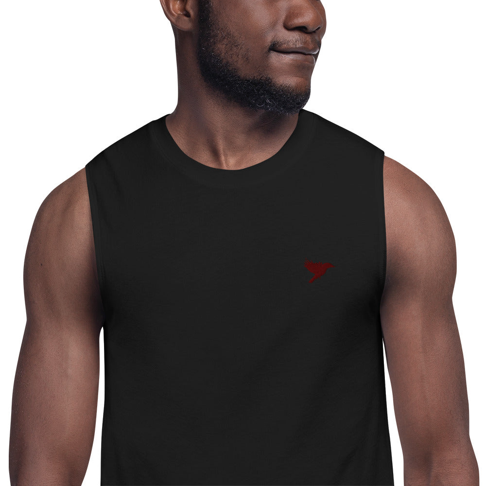 Mens Muscle Tank - Black with Dark Red kookaburra logo