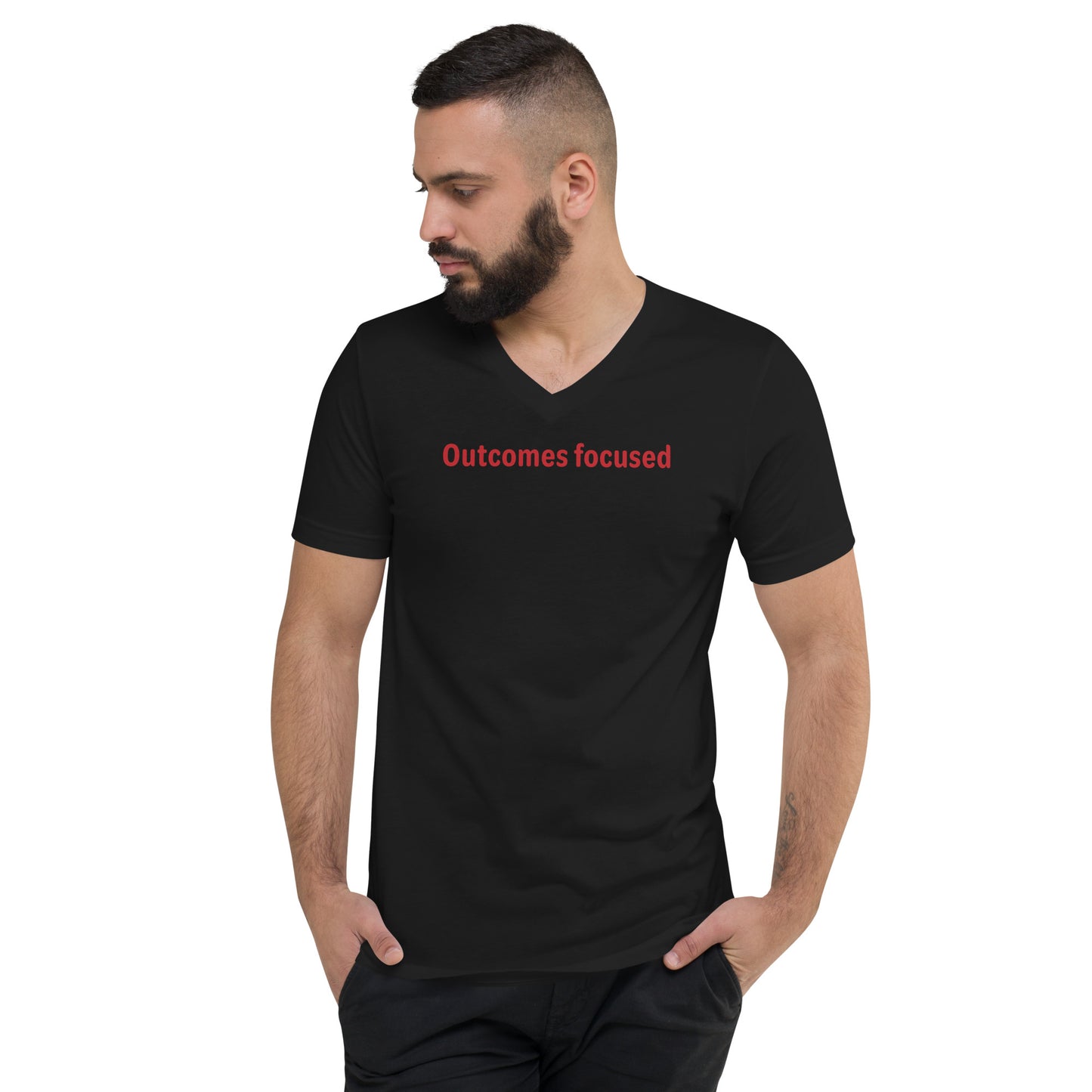 Outcomes focused - Red Text - Mens V-Neck T-Shirt