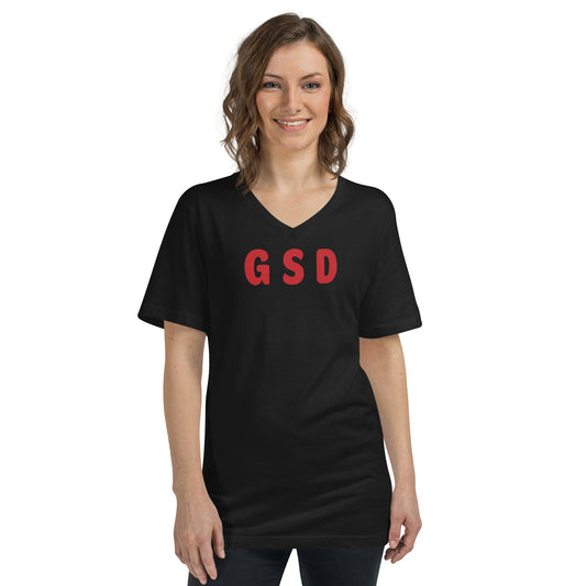 GSD - Red text - Womens V-Neck T-Shirt