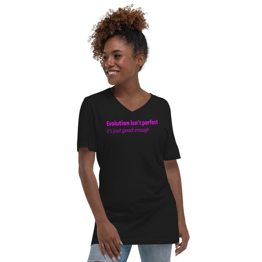 Evolution isn't perfect - Magenta text - Womens V-Neck T-Shirt