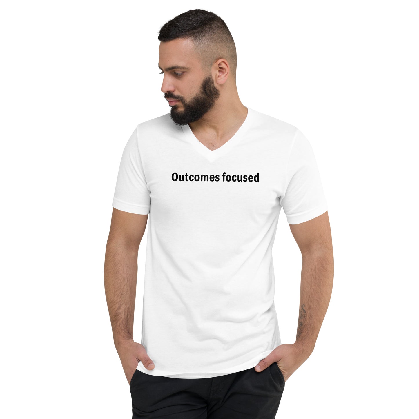 Outcomes focused - Black Text - Mens V-Neck T-Shirt