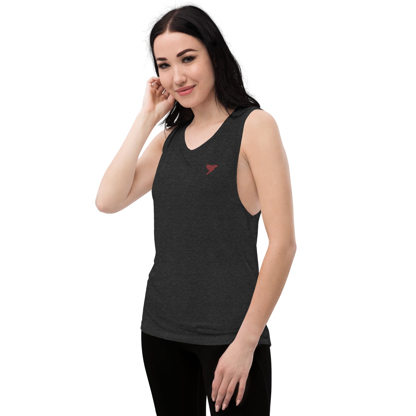 Womens Muscle Tank- Black with dark red kookaburra logo