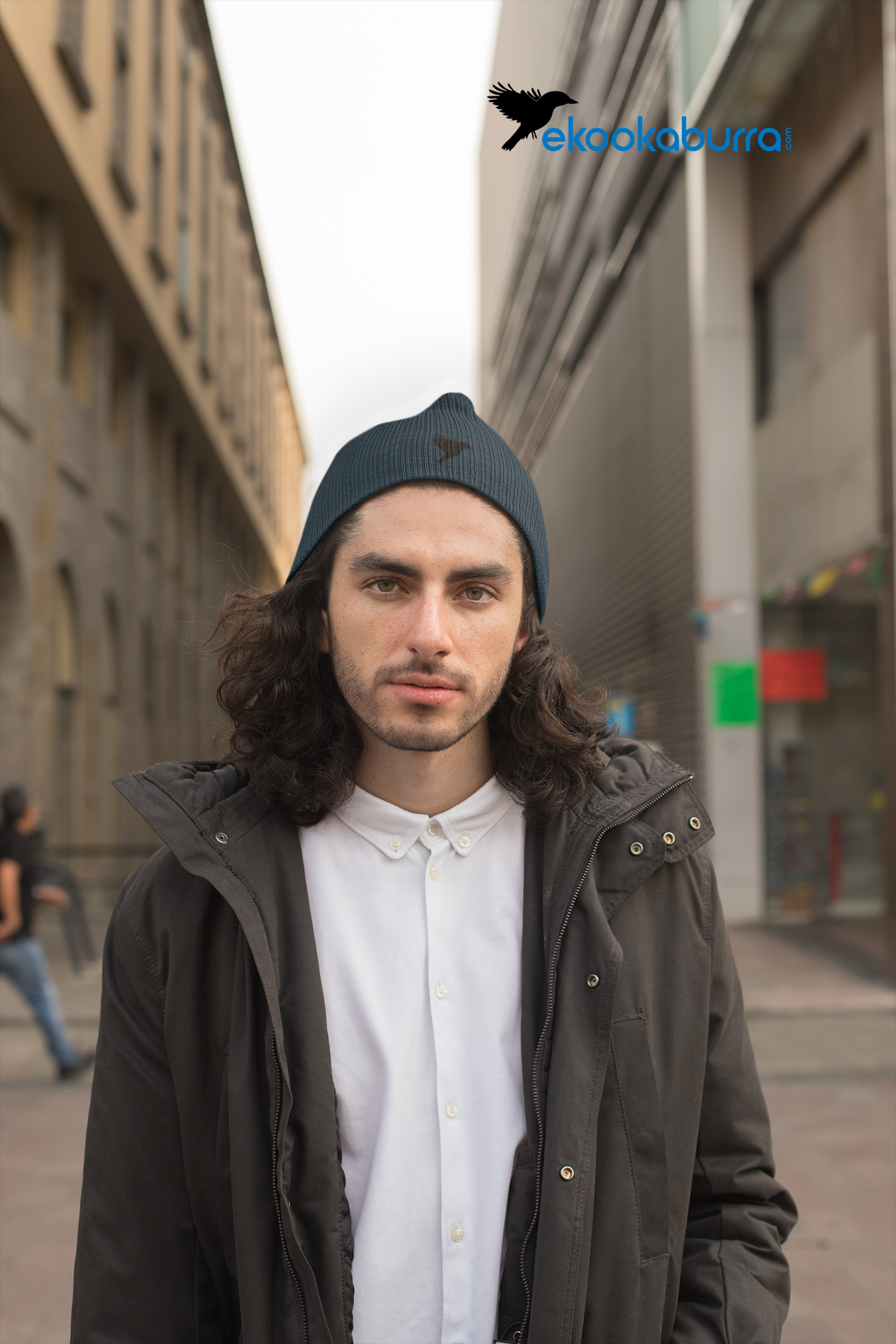 Ribbed knit beanie - Navy blue with black kookaburra logo