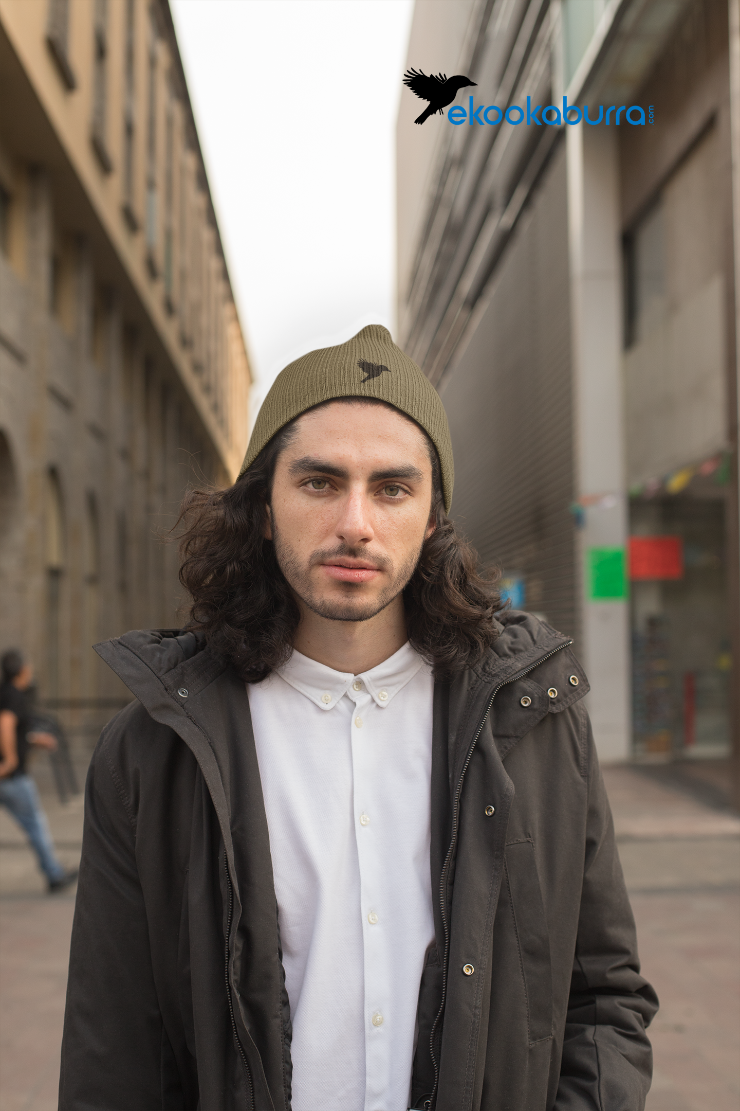 Ribbed knit beanie - Olive with Black kookaburra logo