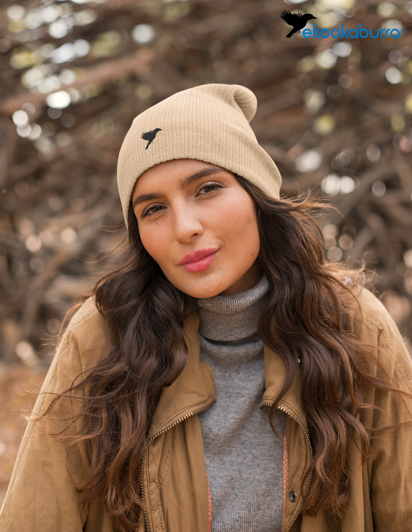 Ribbed knit beanie - Beige with black kookaburra logo