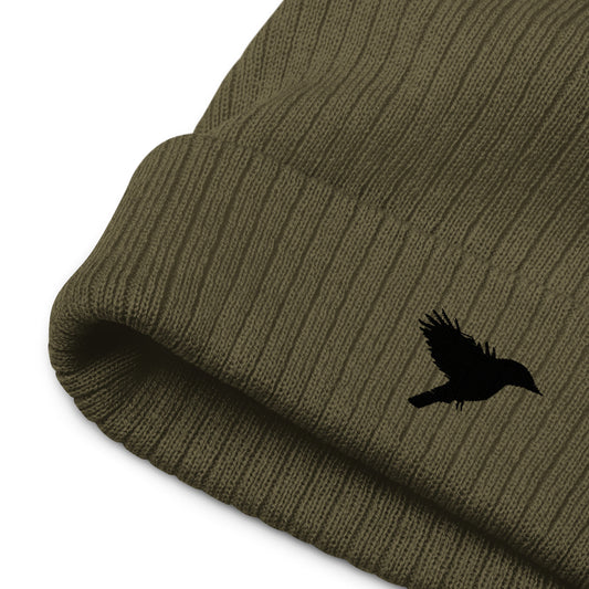 Ribbed knit beanie - Olive with Black kookaburra logo