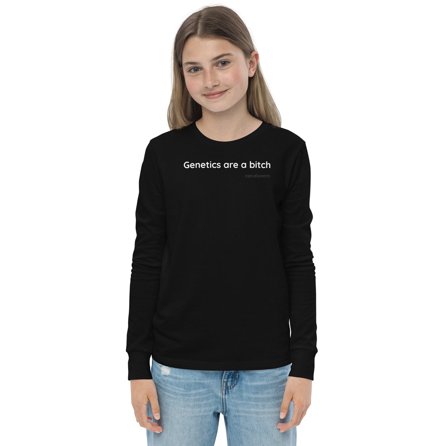 Genetics are a bitch - White Text - Youth long sleeve tee